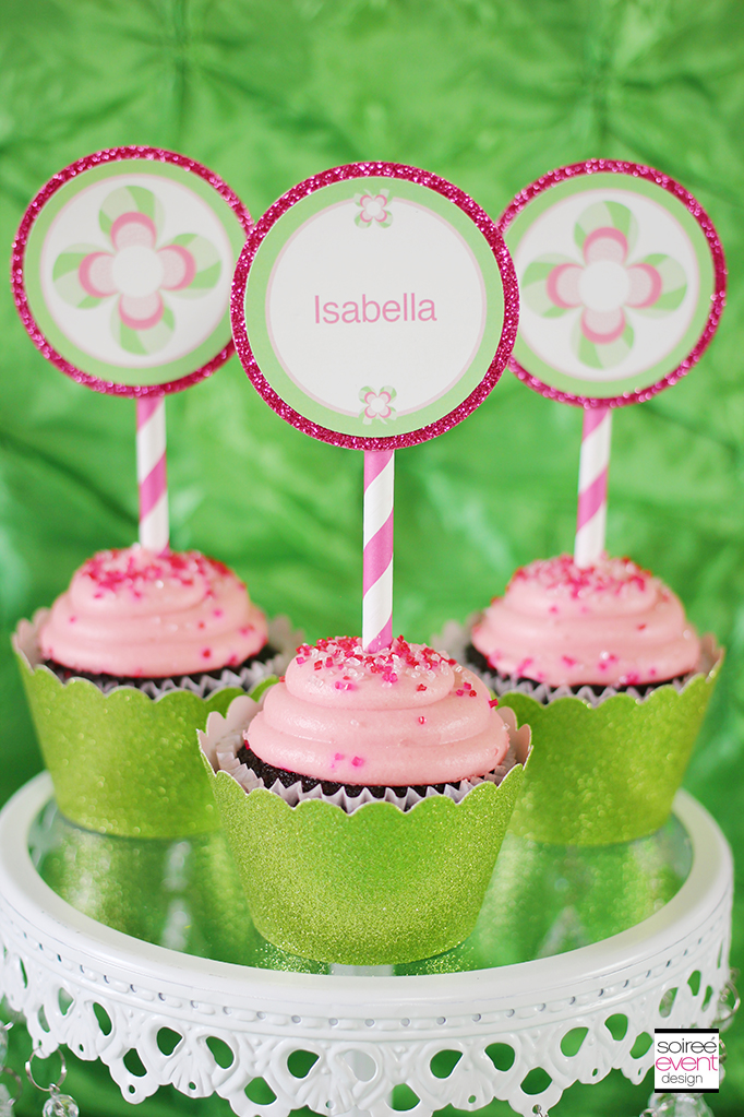 pink and green flower cupcake toppers