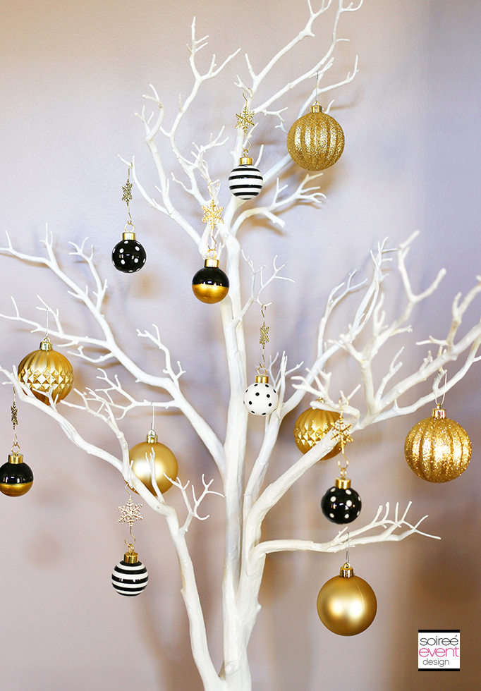 Black white and gold Christmas ornaments