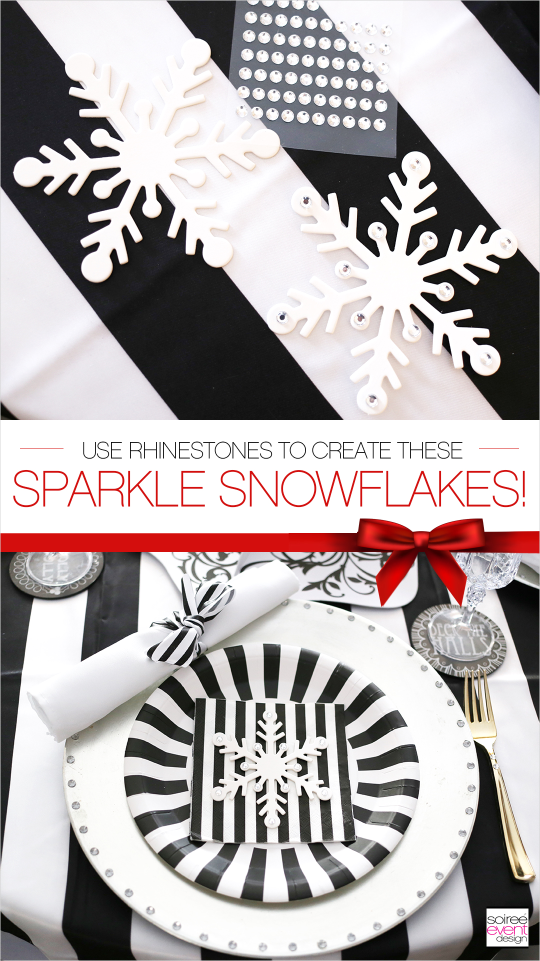 Black and white Christmas Tablescape, Rhinestone Snowflakes