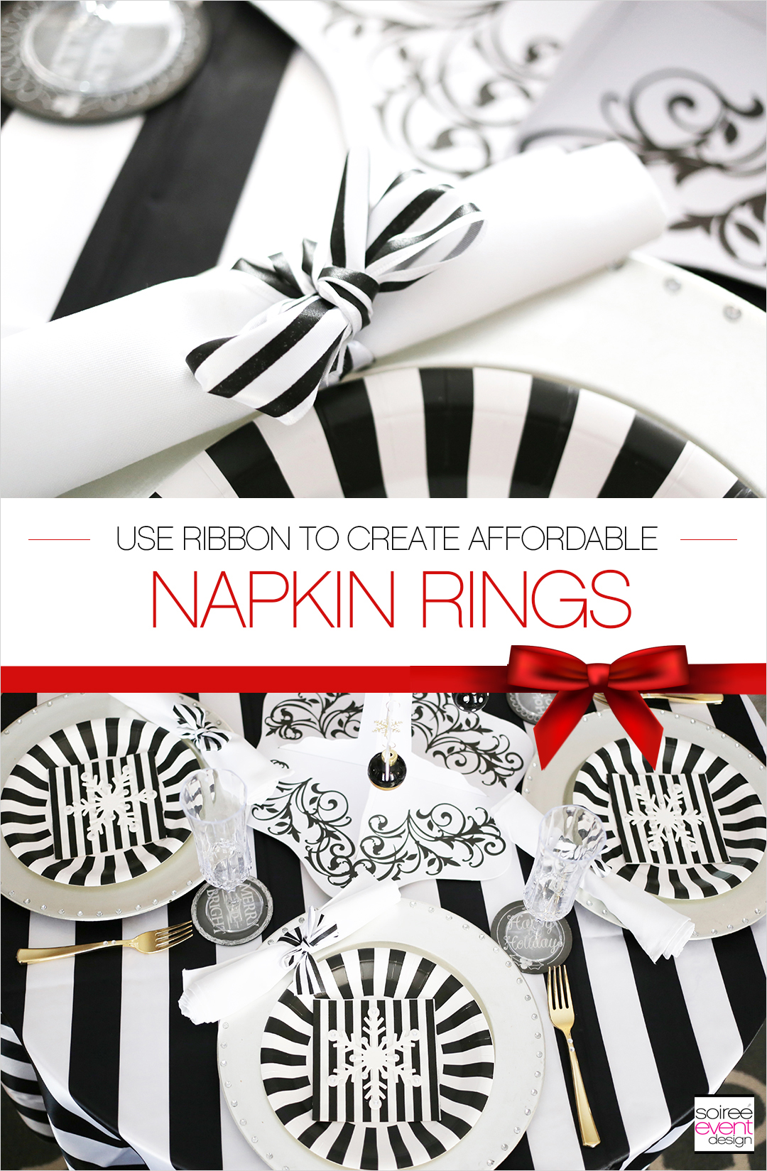 Black and white Christmas Tablescape, Ribbon Napkin rings