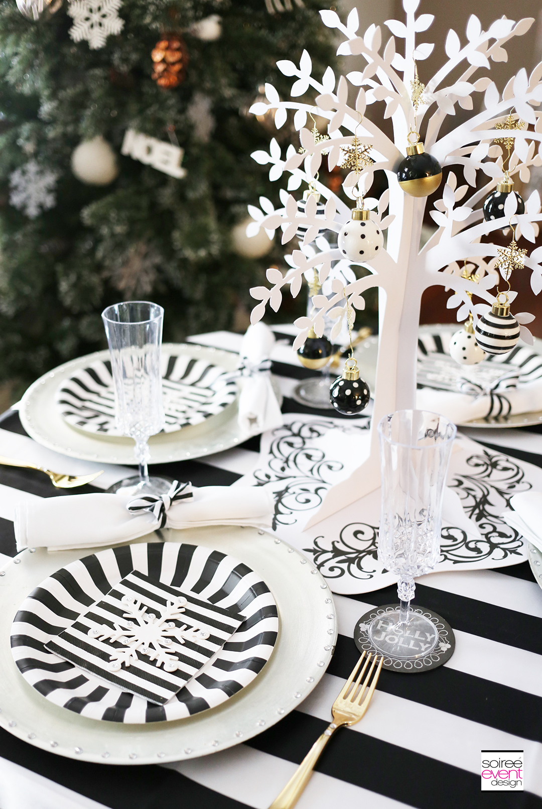 Black and white Christmas Tablescape, White Tree Centerpiece