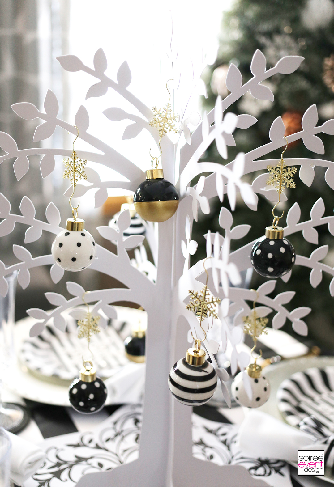 Black and white Christmas Tablescape, White Tree Centerpiece