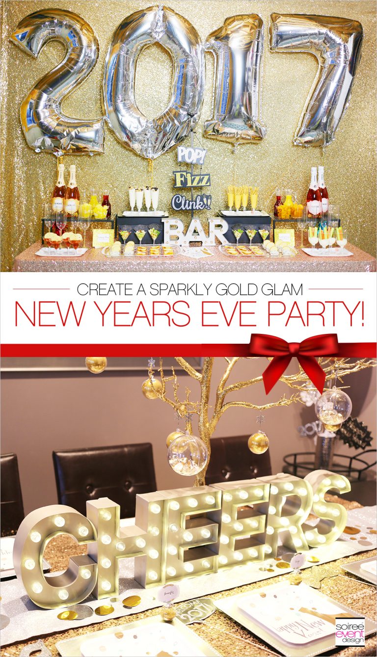 Gold New Years Eve Cocktail Party + Mimosa Bar Soiree Event Design